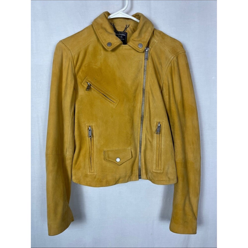 Abercrombie & Fitch Goat Leather Suede Butter Yellow Zip Up Bomber Jacket